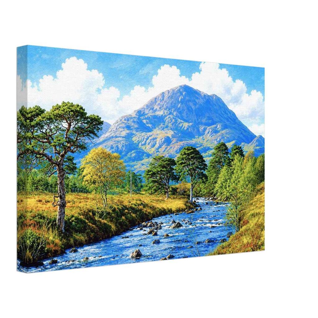 1970s painterly view of the A' Ghairbhe River in the Northwest Highlands of Scotland beneath towering mountain scenery - canvas print.