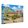 Nuestra Señora del Rosario de Agua Santa, Baños, Ecuador 1970s - Canvas Print Painterly 1970s view of Nuestra Señora del Rosario de Agua Santa Church in Baños, Ecuador, with a plaza, palm trees, mountains, blue sky and people in traditional clothing.