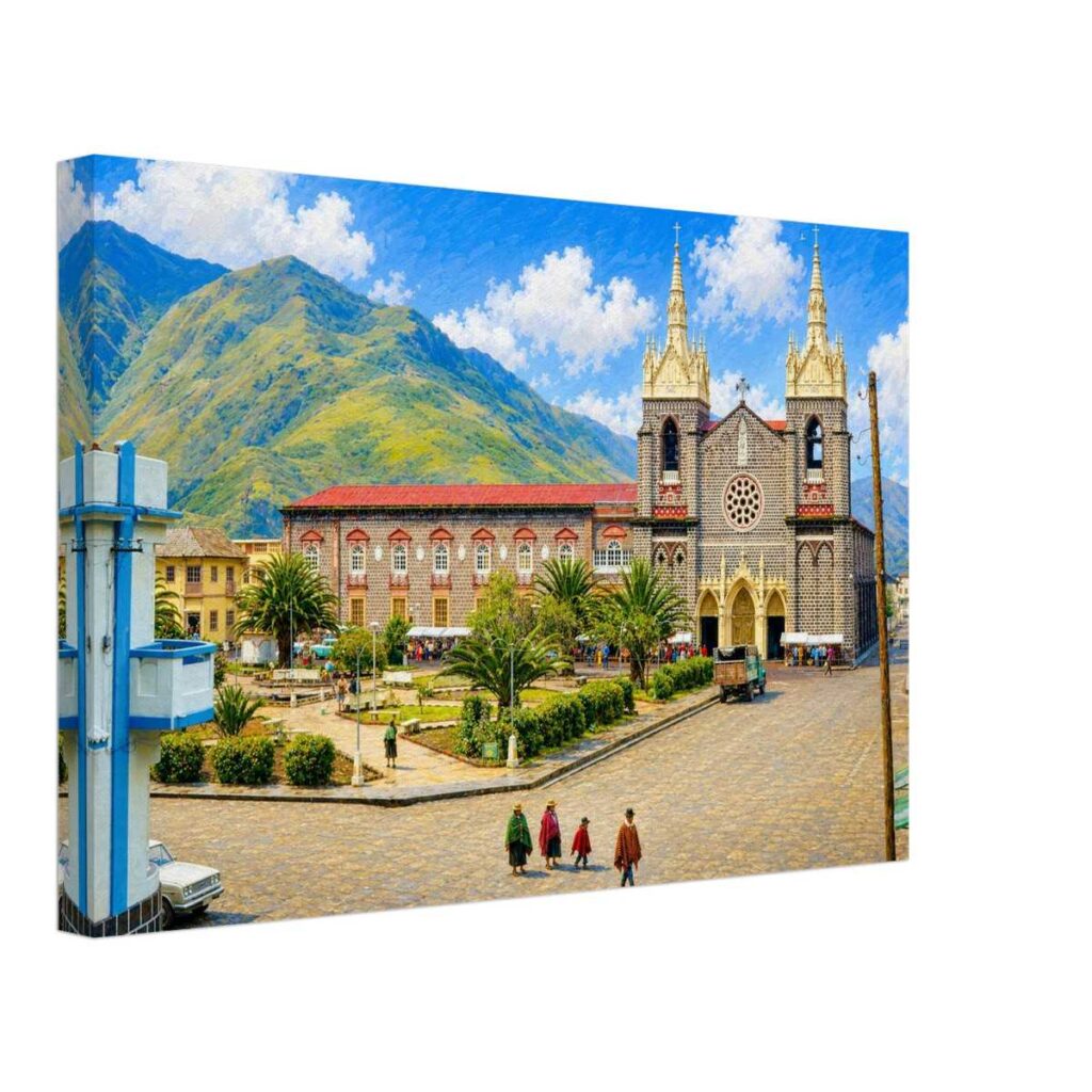 Painterly 1970s view of Nuestra Señora del Rosario de Agua Santa Church in Baños, Ecuador, with a plaza, palm trees, mountains, blue sky and people in traditional clothing.