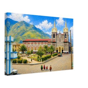 Nuestra Señora del Rosario de Agua Santa, Baños, Ecuador 1970s - Canvas Print Painterly 1970s view of Nuestra Señora del Rosario de Agua Santa Church in Baños, Ecuador, with a plaza, palm trees, mountains, blue sky and people in traditional clothing.