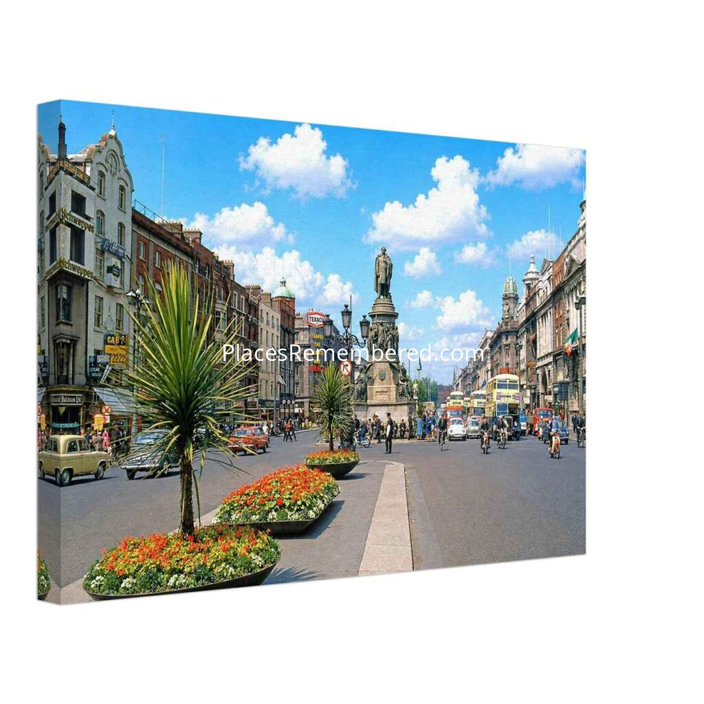 1960s view of the O'Connell Monument on O'Connell Street in Dublin, Ireland, with classic buses, vintage cars and historic buildings, reimagined from a genuine vintage color photograph in a painterly style.