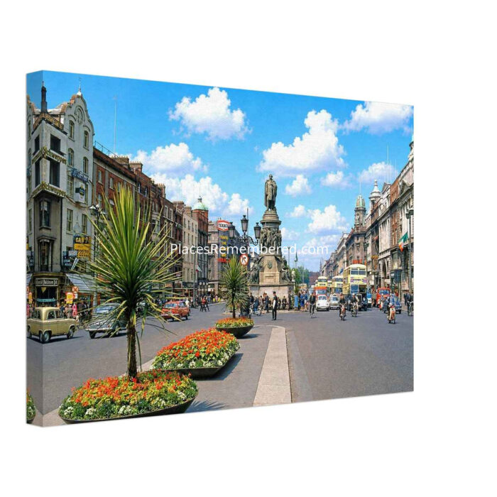 1960s view of the O'Connell Monument on O'Connell Street in Dublin, Ireland, with classic buses, vintage cars and historic buildings, reimagined from a genuine vintage color photograph in a painterly style.
