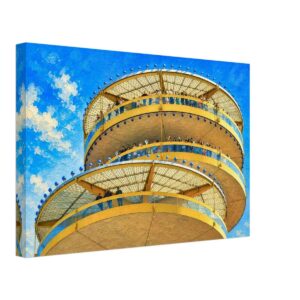 Painterly 1964 close-up view of the Observation Towers at the New York State Pavilion, New York World’s Fair, with circular decks, fairgoers and blue sky.