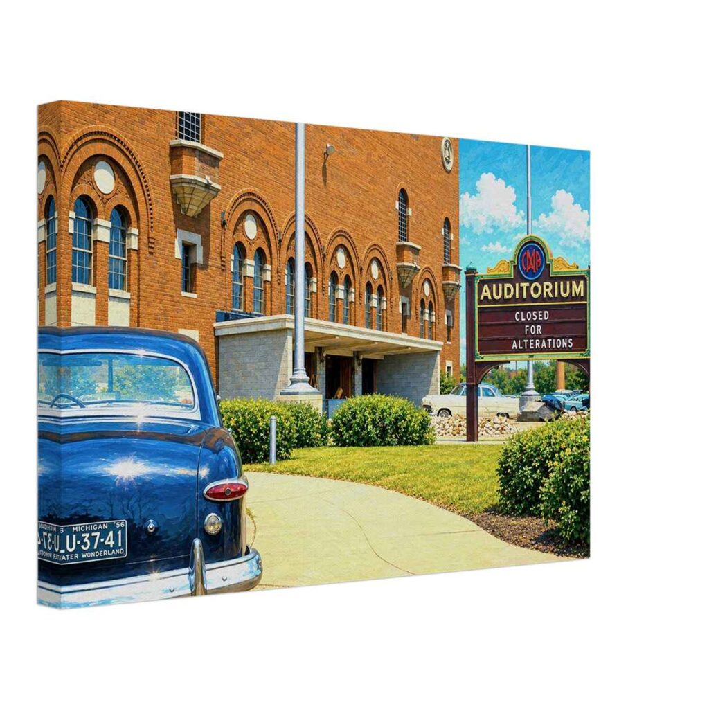 IMA Auditorium building with vintage automobile in Flint Michigan, 1955 - Canvas Print