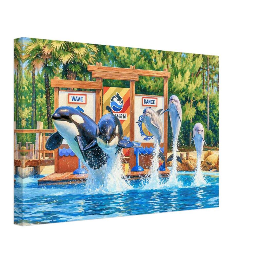 Painterly 1980s SeaWorld scene in Orlando, Florida, with orcas and dolphins leaping from a show pool in front of colourful signs and trees.