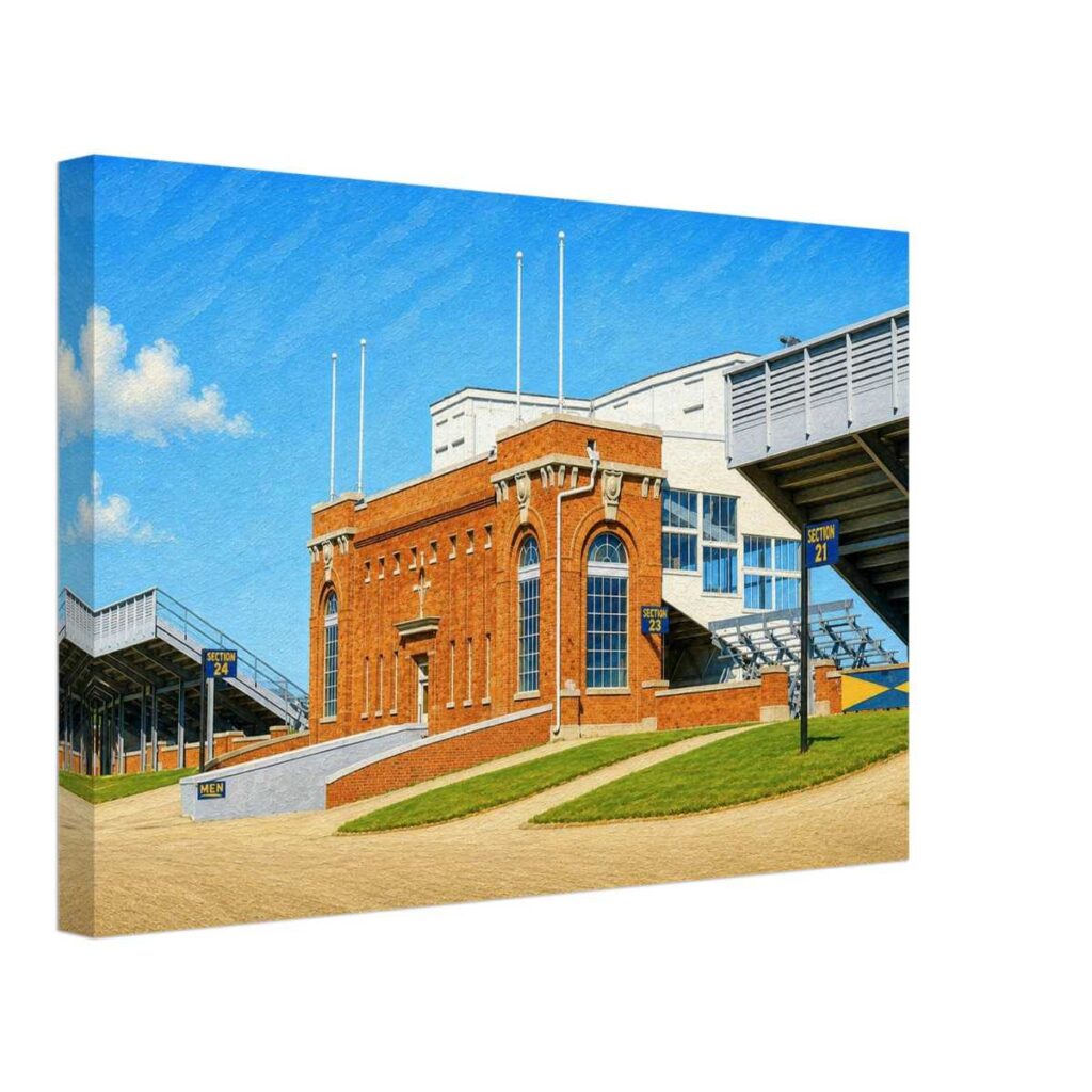 Painterly 1950s view of the original 1927 press box at Michigan Stadium in Ann Arbor, Michigan, with red brick, stadium section signs, ramps and blue sky.