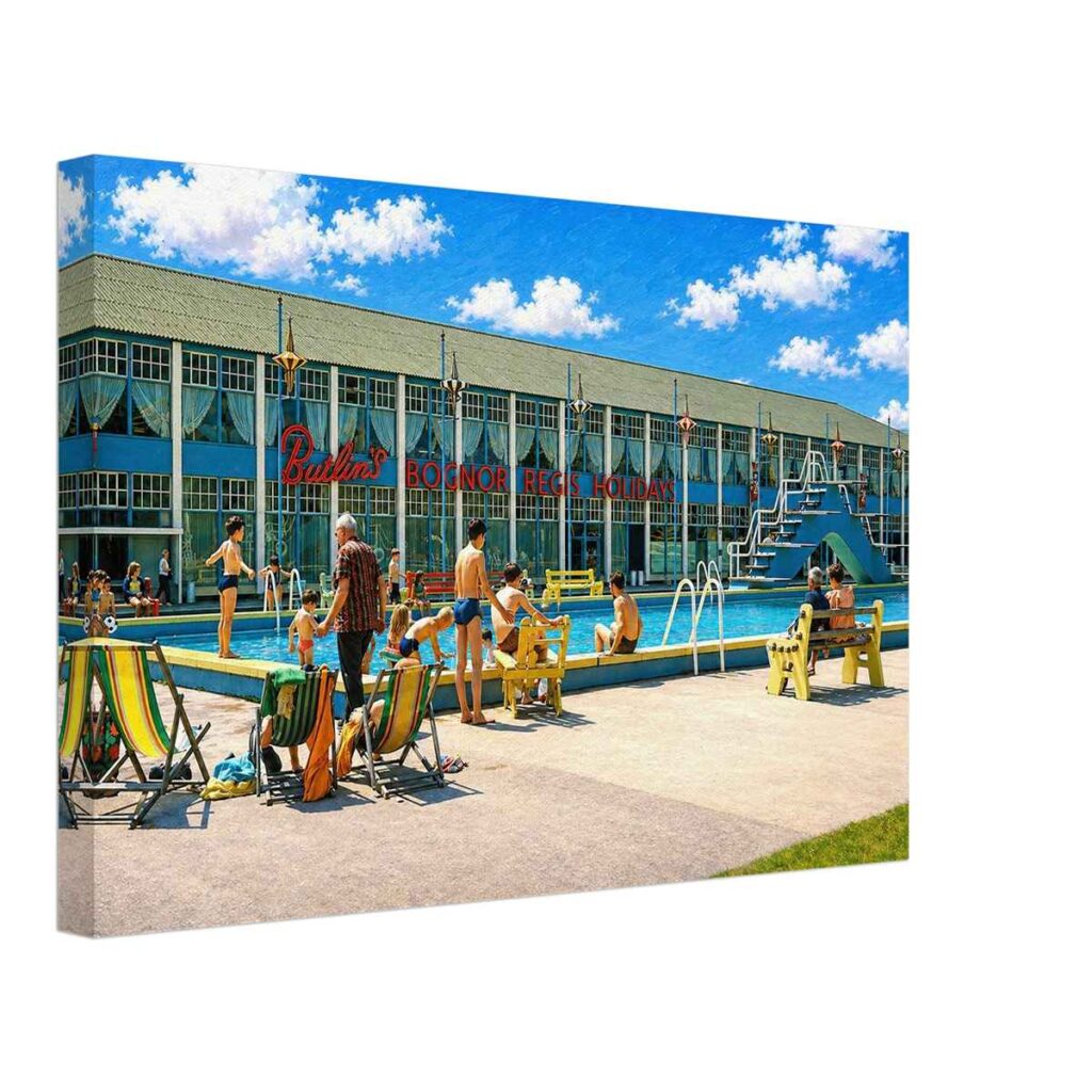 1960s painterly view of the outdoor heated swimming pool at Butlin's Holiday Camp, Bognor Regis, England - canvas print.