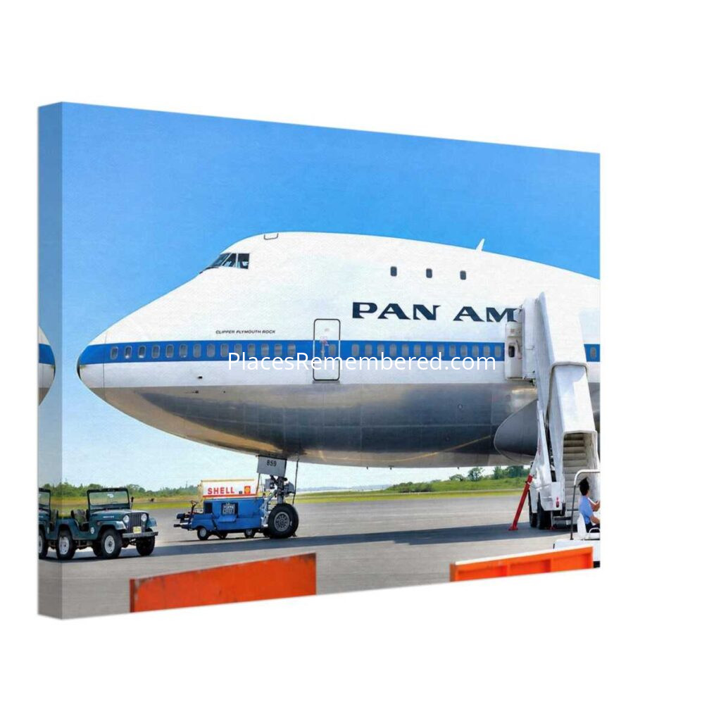 1970s close-up of Pan Am Boeing 747 Clipper Plymouth Rock at an Australian airport, showing the iconic jumbo jet's cockpit, nose section, boarding stairs, and Pan Am livery, prepared from a genuine vintage color photograph in a clean photographic style.
