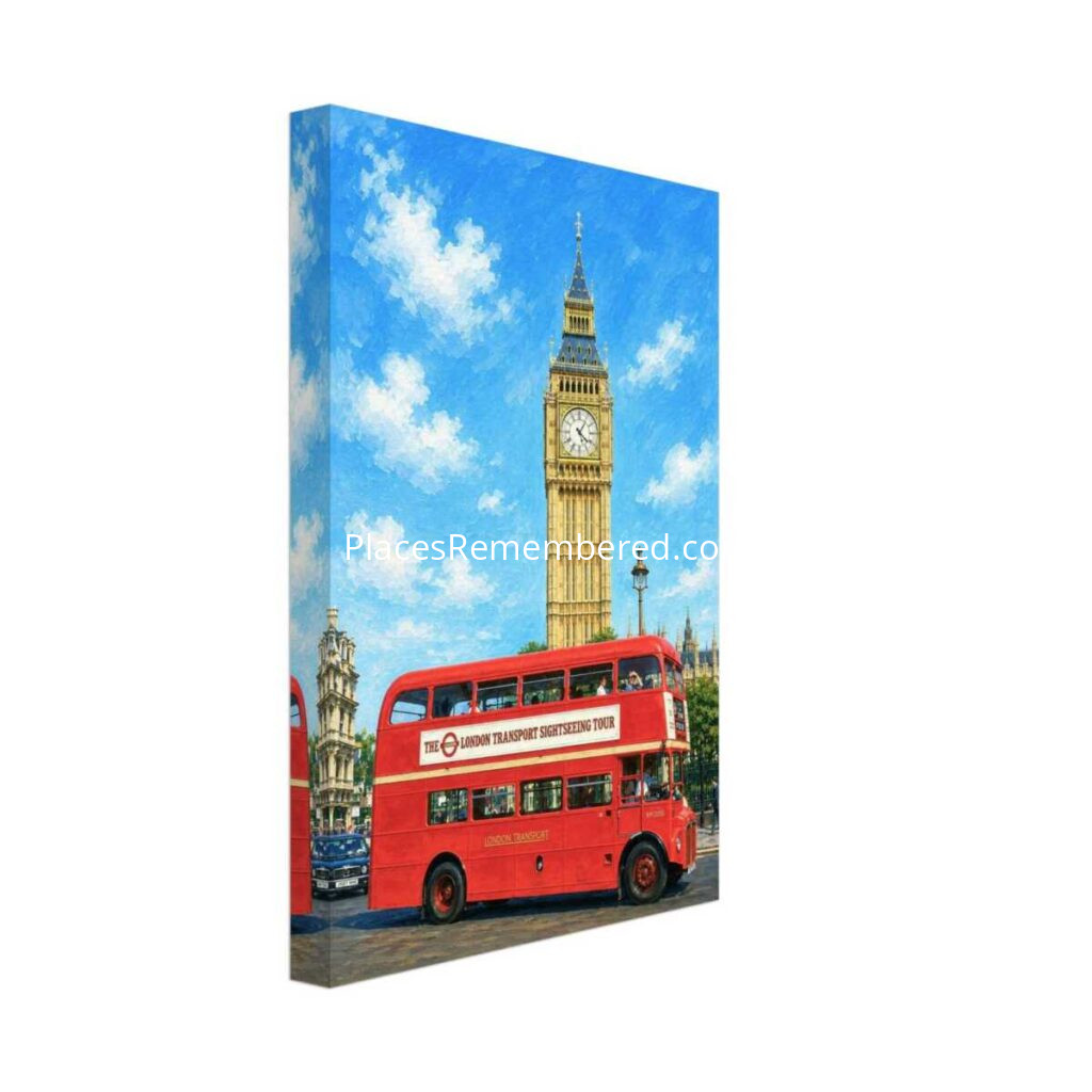 1980s view of Parliament Square in London with a red Routemaster sightseeing bus passing the Palace of Westminster and Big Ben, reimagined in a painterly style from a genuine vintage color photograph.