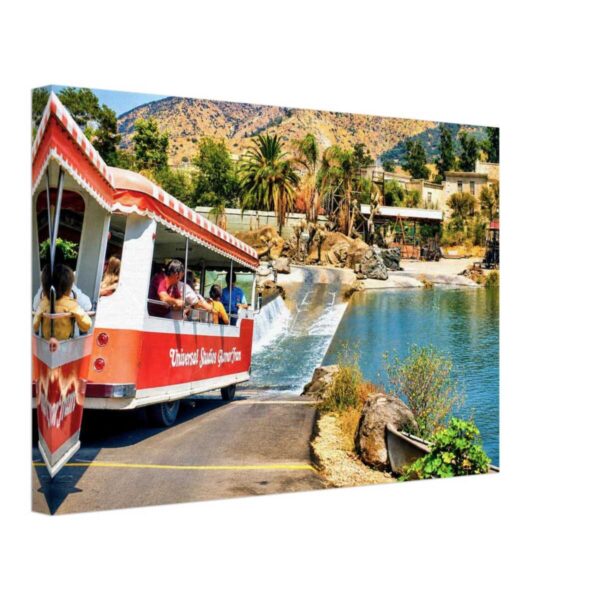 Vintage 1970s Universal Studios Hollywood Glamor Tram passing through the Parting of the Red Sea attraction in California.