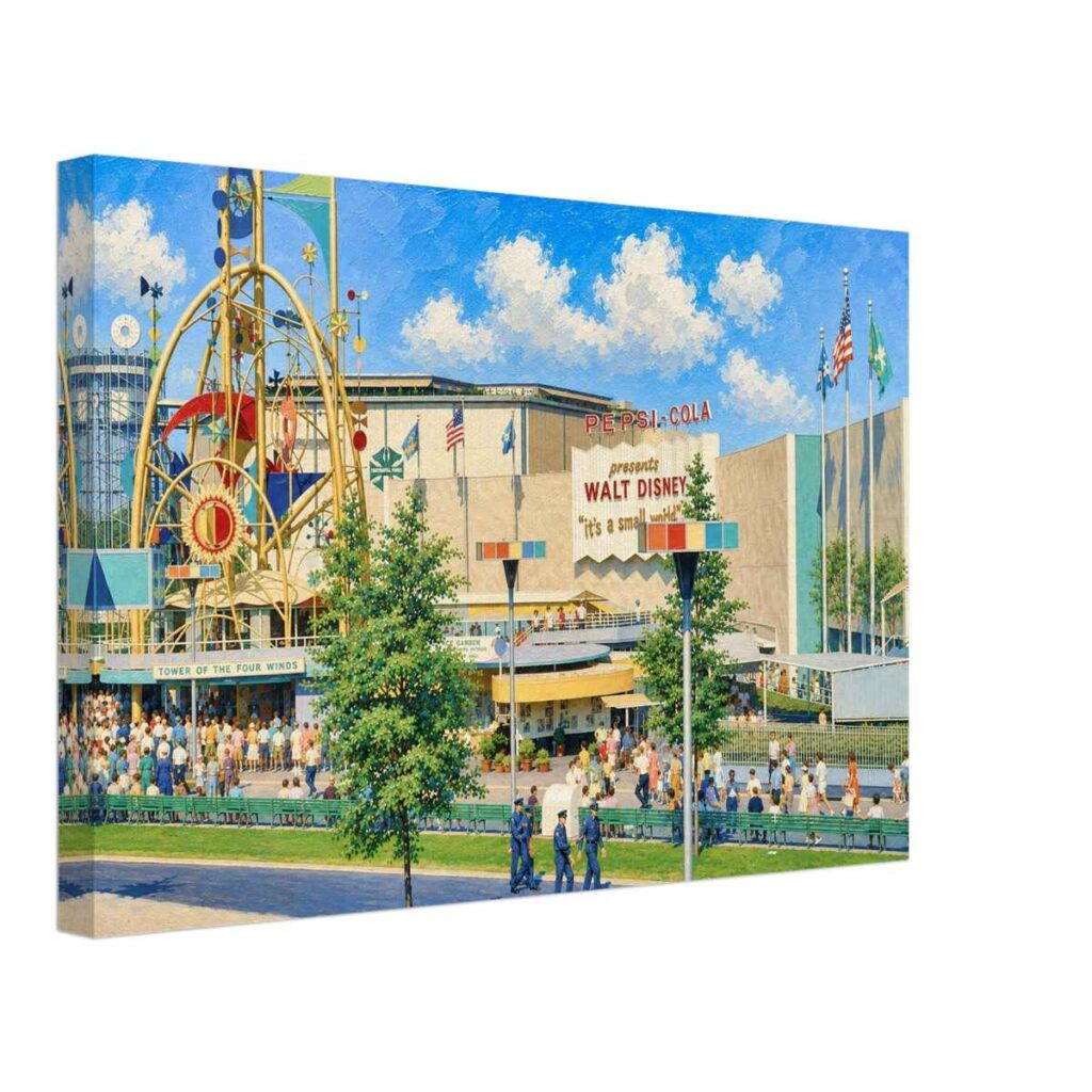 Painterly 1964 view of the Pepsi-Cola Pavilion at the New York World’s Fair, with the “it’s a small world” sign, Tower of the Four Winds, flags and crowds.
