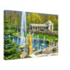 Painterly 1970s view of Peterhof Palace near St. Petersburg, Russia, with golden statues, fountains, gardens, a pavilion and crowds of visitors.