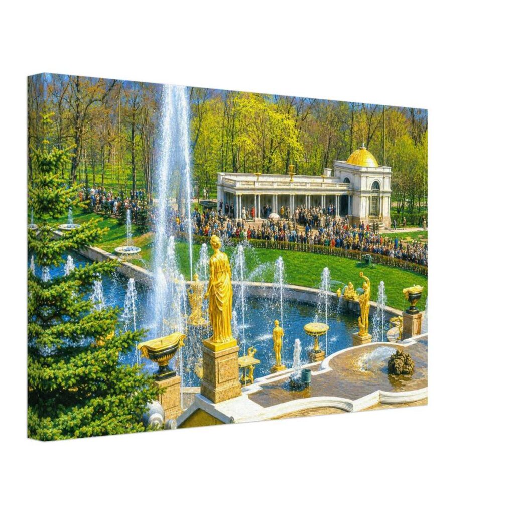Painterly 1970s view of Peterhof Palace near St. Petersburg, Russia, with golden statues, fountains, gardens, a pavilion and crowds of visitors.