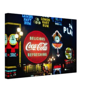 Piccadilly Circus Neon Signs, London, England 1960s - Canvas Print Photographic 1960s night view of Piccadilly Circus in London with Coca-Cola, Guinness, rum and Skol illuminated signs