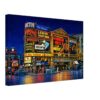Piccadilly Circus at Night, London, England 1960s - Canvas Print Painterly 1960s night view of Piccadilly Circus in London with illuminated advertising signs, London Pavilion cinema billboards, red buses, vintage cars, crowds and reflections on wet streets.