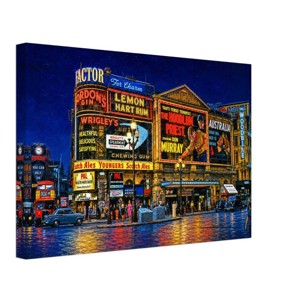 Painterly 1960s night view of Piccadilly Circus in London with illuminated advertising signs, London Pavilion cinema billboards, red buses, vintage cars, crowds and reflections on wet streets.