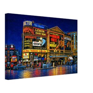 Piccadilly Circus at Night, London, England 1960s - Canvas Print Painterly 1960s night view of Piccadilly Circus in London with illuminated advertising signs, London Pavilion cinema billboards, red buses, vintage cars, crowds and reflections on wet streets.