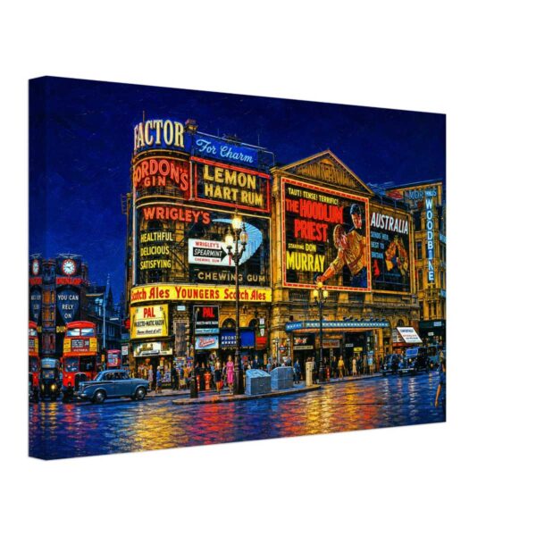 Piccadilly Circus at Night, London, England 1960s - Canvas Print Painterly 1960s night view of Piccadilly Circus in London with illuminated advertising signs, London Pavilion cinema billboards, red buses, vintage cars, crowds and reflections on wet streets.