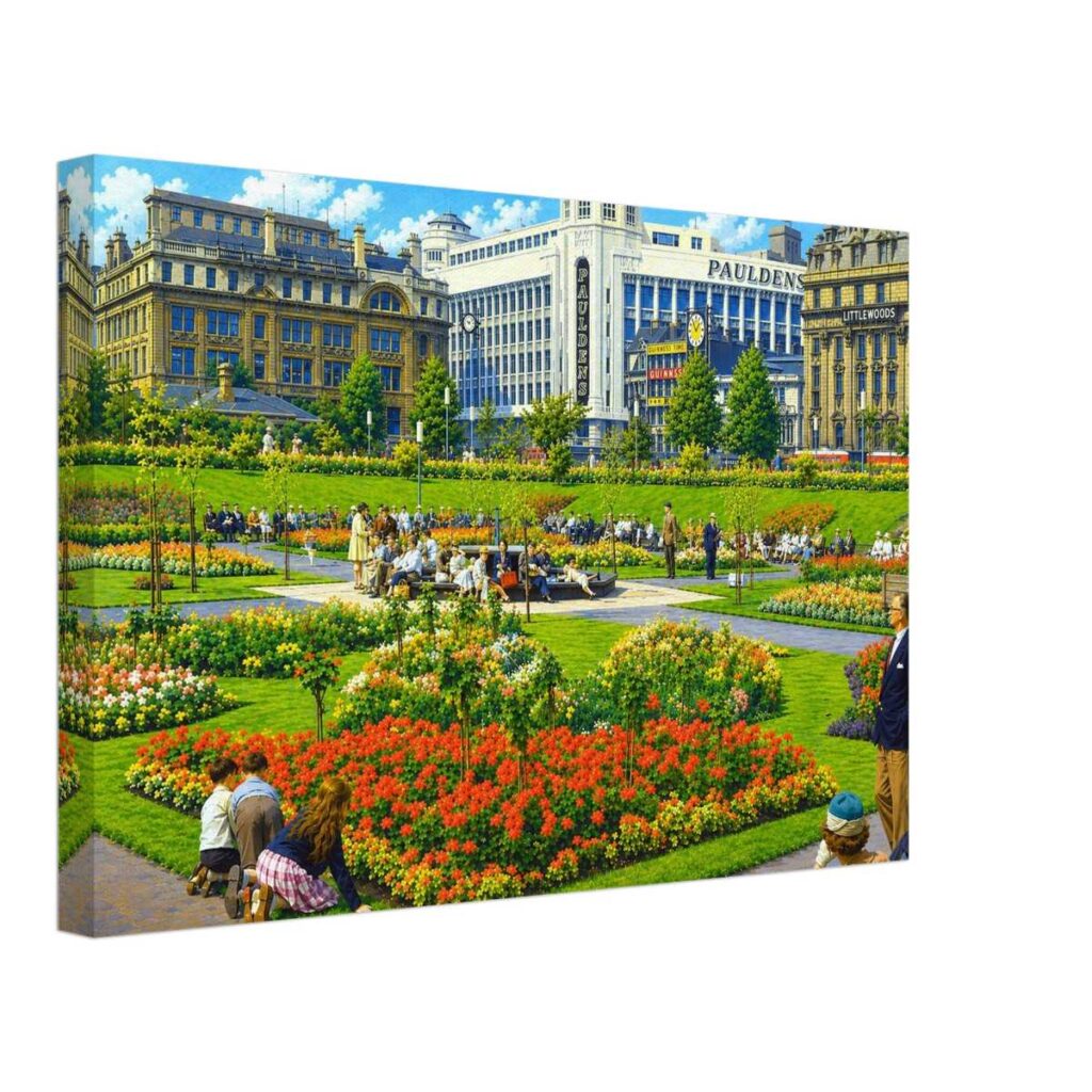 Painterly 1960s view of Piccadilly Gardens in Manchester, England, with colorful flower beds, seated visitors, Pauldens and Littlewoods signs, city buildings and blue sky.