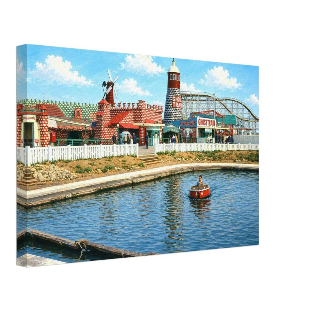 Painterly 1950s view of Pleasureland in Southport, England, with Ghost Train, River Caves, windmill, roller coaster, boating pool and fairground buildings.