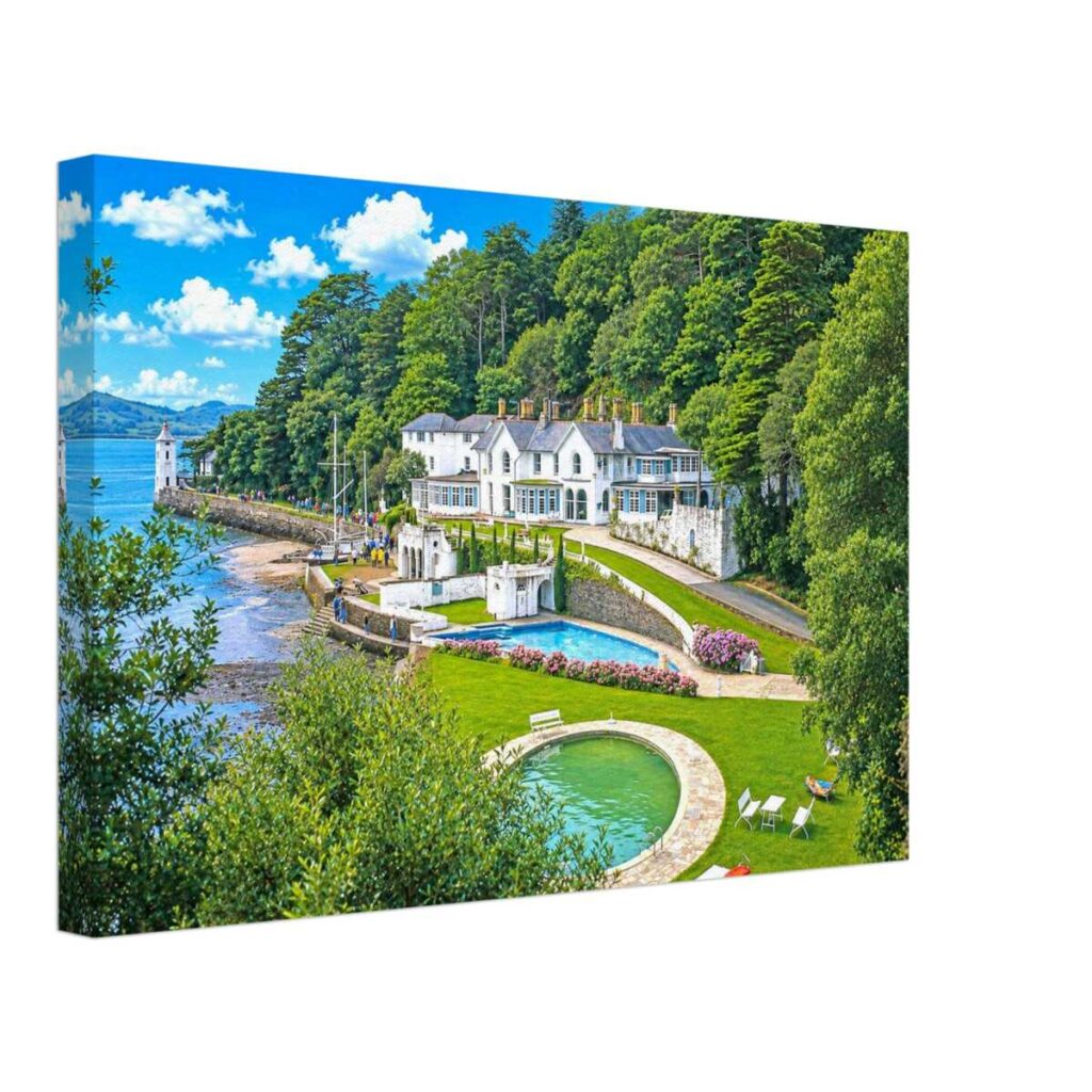 1970s view of the Portmeirion Hotel overlooking the Italian-inspired village of Portmeirion, North Wales, reimagined in a painterly style from a genuine vintage color photograph.