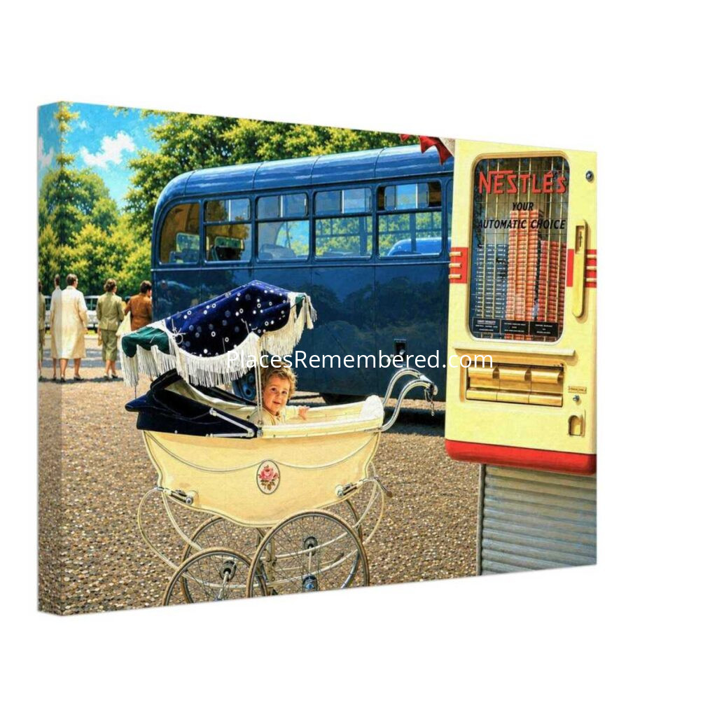 1950s London street scene showing a smiling child in a vintage pram beside a Nestlé chocolate vending machine, with a blue bus and pedestrians in the background, reimagined in a painterly style from a genuine vintage color photograph.