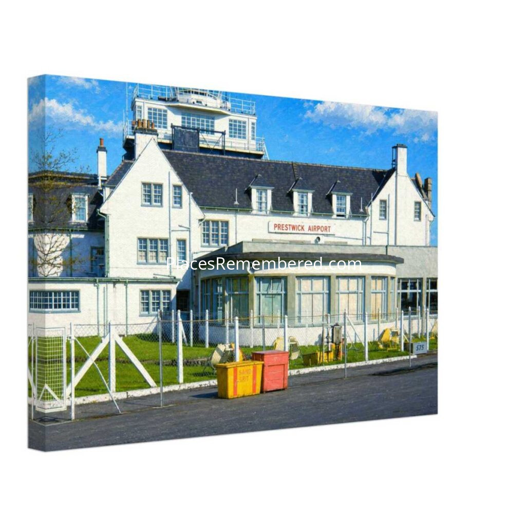 1960s view of Prestwick Airport near Glasgow, Scotland, showing the original Art Deco terminal building and control tower under a bright blue sky, reimagined in a painterly style from a genuine vintage color photograph.