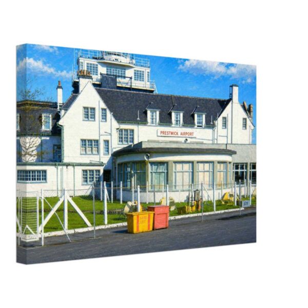 Prestwick Airport, Glasgow, Scotland 1960s - Canvas Print 1960s view of Prestwick Airport near Glasgow, Scotland, showing the original Art Deco terminal building and control tower under a bright blue sky, reimagined in a painterly style from a genuine vintage color photograph.