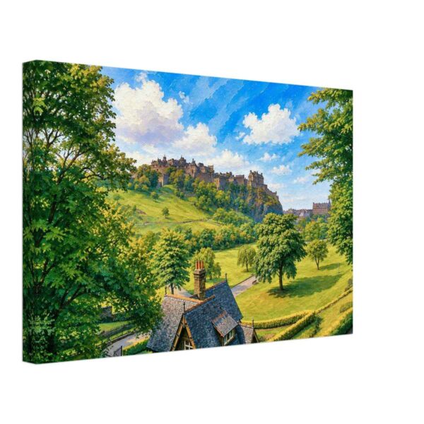 Princess Street Gardens & Edinburgh Castle 1950s - Canvas Print Painterly 1950s view of Princes Street Gardens in Edinburgh, with Edinburgh Castle on Castle Rock, green lawns, trees and a blue sky.