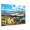 Queen Mary II and Duchess of Hamilton, Greenock, Scotland 1970s - Canvas Print 1970s view of the Clyde steamers Queen Mary II and Duchess of Hamilton moored at Greenock Harbour, surrounded by historic vessels, docks, and the hills of the Firth of Clyde, reimagined in a painterly style from a genuine vintage color photograph.