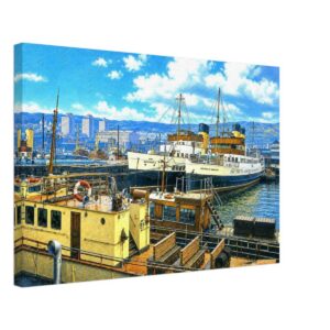1970s view of the Clyde steamers Queen Mary II and Duchess of Hamilton moored at Greenock Harbour, surrounded by historic vessels, docks, and the hills of the Firth of Clyde, reimagined in a painterly style from a genuine vintage color photograph.