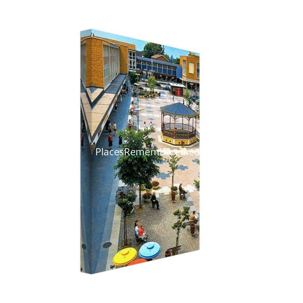 1950s painterly view of Queens Square, Crawley, West Sussex, showing the modern shopping precinct, bandstand and pedestrians - canvas print.