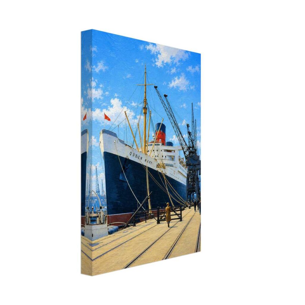 Painterly 1950s view of RMS Queen Mary docked at Southampton, England, with cranes, mooring lines, dock rails, figures and blue sky.