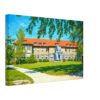 ROTC Building, University of Michigan, Ann Arbor 1950s - Canvas Print Painterly 1950s view of North Hall at the University of Michigan in Ann Arbor, used by ROTC, with red roof, stone building, lawn, trees and military equipment outside.