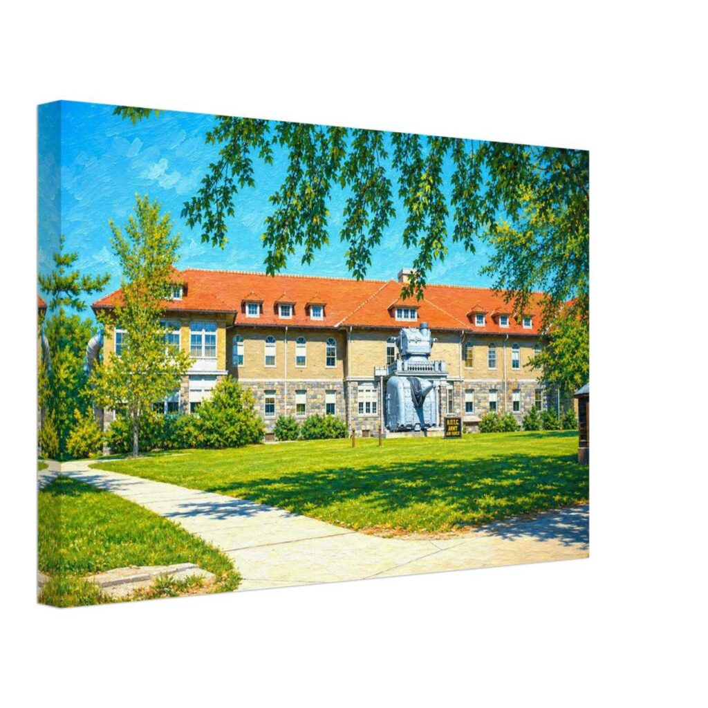 Painterly 1950s view of North Hall at the University of Michigan in Ann Arbor, used by ROTC, with red roof, stone building, lawn, trees and military equipment outside.