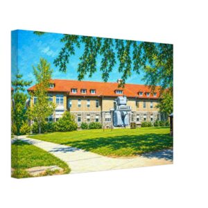 ROTC Building, University of Michigan, Ann Arbor 1950s - Canvas Print Painterly 1950s view of North Hall at the University of Michigan in Ann Arbor, used by ROTC, with red roof, stone building, lawn, trees and military equipment outside.