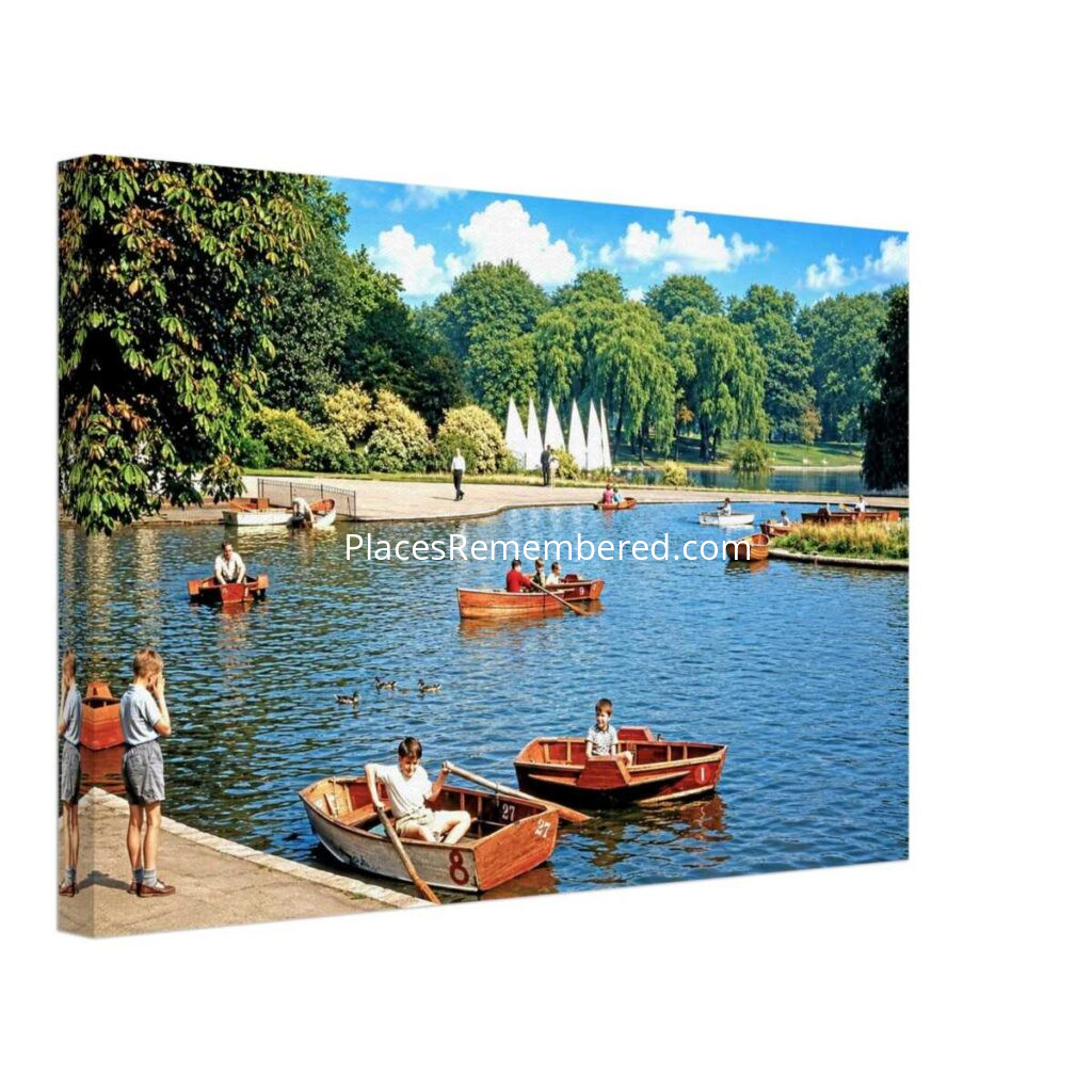 1960s children rowing wooden boats on the boating lake in Regent's Park, London, reimagined in a painterly style from a genuine vintage color photograph.
