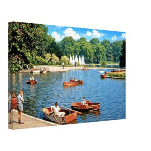 Regent's Park Boating Lake, London 1960s - Canvas Print 1960s children rowing wooden boats on the boating lake in Regent's Park, London, reimagined in a painterly style from a genuine vintage color photograph.