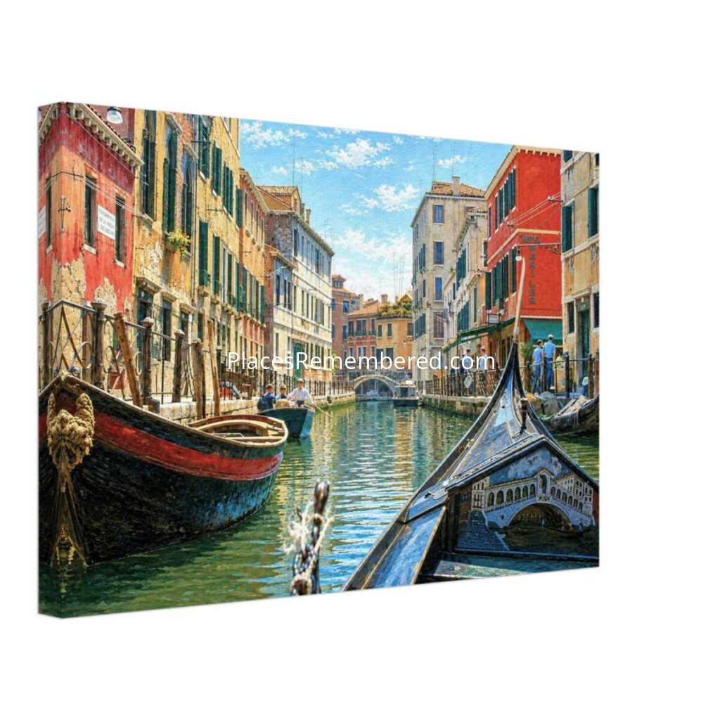 Painterly 1960s view of Rio Marin in Venice, with gondolas, colorful canal-side buildings, reflections, a distant bridge and blue sky.