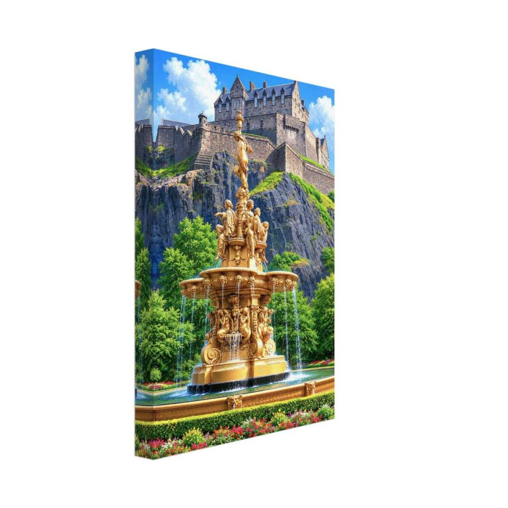 Painterly 1970s view of Ross Fountain and Edinburgh Castle in Scotland, with ornate gold fountain, cascading water, castle rock and greenery.