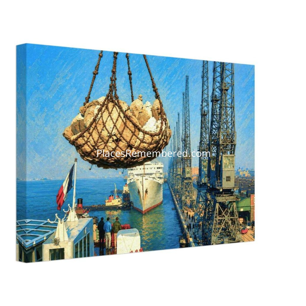 1960s SS France unloading mail at Southampton Docks with RMS Andes alongside, reimagined in a painterly style from a genuine vintage color photograph.