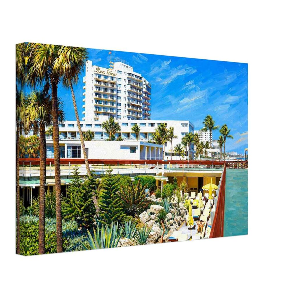 Painterly 1970s view of the Sea View Hotel in Bal Harbour, Florida, with its white oceanfront tower, rooftop sign, palm trees, pool terrace and yellow umbrellas.