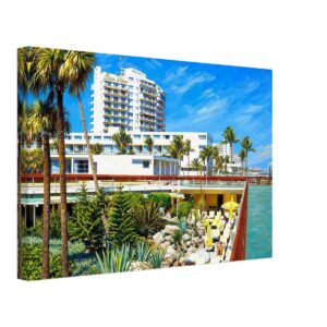 Sea View Hotel, Bal Harbour, Florida 1970s - Canvas Print Painterly 1970s view of the Sea View Hotel in Bal Harbour, Florida, with its white oceanfront tower, rooftop sign, palm trees, pool terrace and yellow umbrellas.