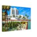 Painterly 1970s view of the Sea View Hotel in Bal Harbour, Florida, with its white oceanfront tower, rooftop sign, palm trees, pool terrace and yellow umbrellas.