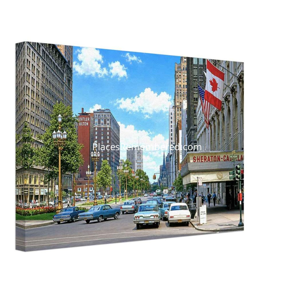 1960s view of the Sheraton-Cadillac Hotel on Washington Boulevard in downtown Detroit with classic American cars, reimagined from a genuine vintage color photograph in a painterly style.