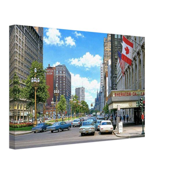 Sheraton-Cadillac Hotel, Detroit 1960s - Canvas Print 1960s view of the Sheraton-Cadillac Hotel on Washington Boulevard in downtown Detroit with classic American cars, reimagined from a genuine vintage color photograph in a painterly style.