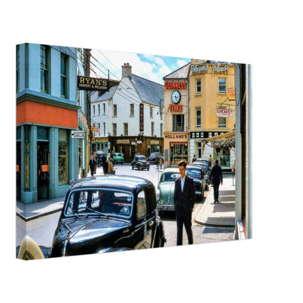 Shop Street & High Street, Galway, Ireland 1960 - Canvas Print 1960s view of Shop Street and High Street in Galway, Ireland, with vintage cars, historic shopfronts and the famous Guinness clock, reimagined from a genuine vintage color photograph in a painterly style.