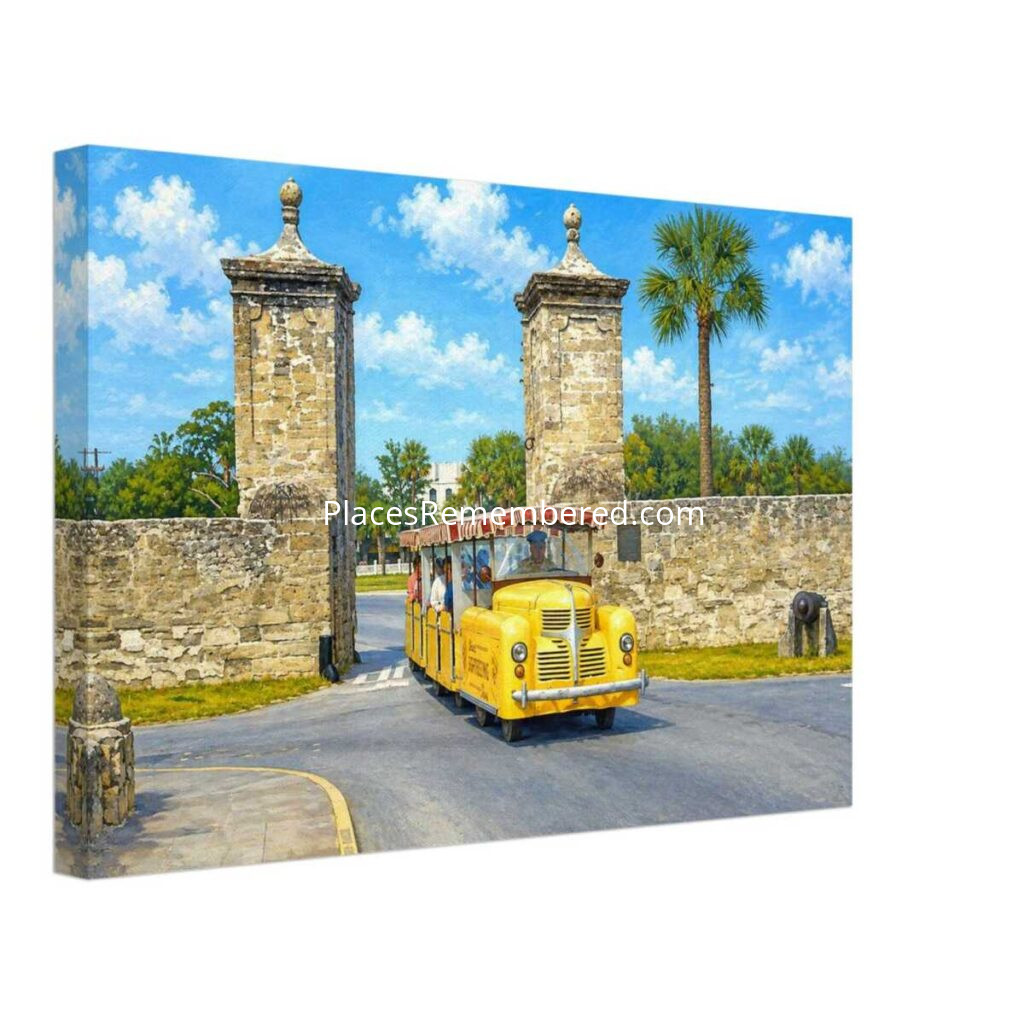 1950s view of a bright yellow sightseeing road train passing through the historic City Gate in St. Augustine, Florida, with Spanish colonial stone gate pillars, palm trees, and blue skies, reimagined in a painterly style from a genuine vintage color photograph.