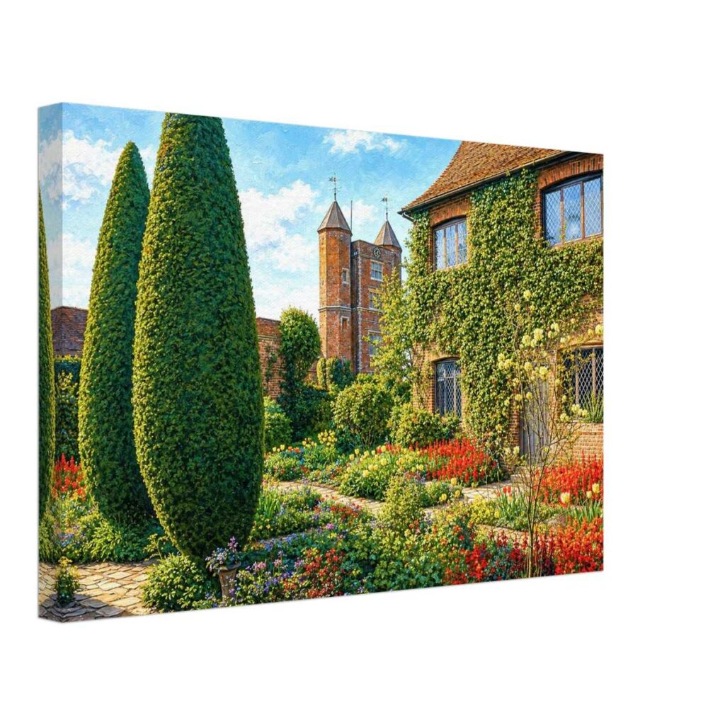 Painterly 1970s view of Sissinghurst Castle Garden in Kent, with red-brick buildings, tall clipped trees, flowers and the castle tower.
