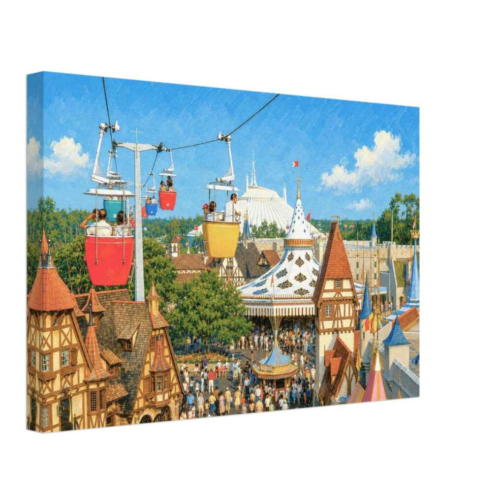 Painterly 1970s view of the Skyway over Fantasyland at Walt Disney World, with gondolas, storybook rooftops, crowds, carousel and Space Mountain in the distance.